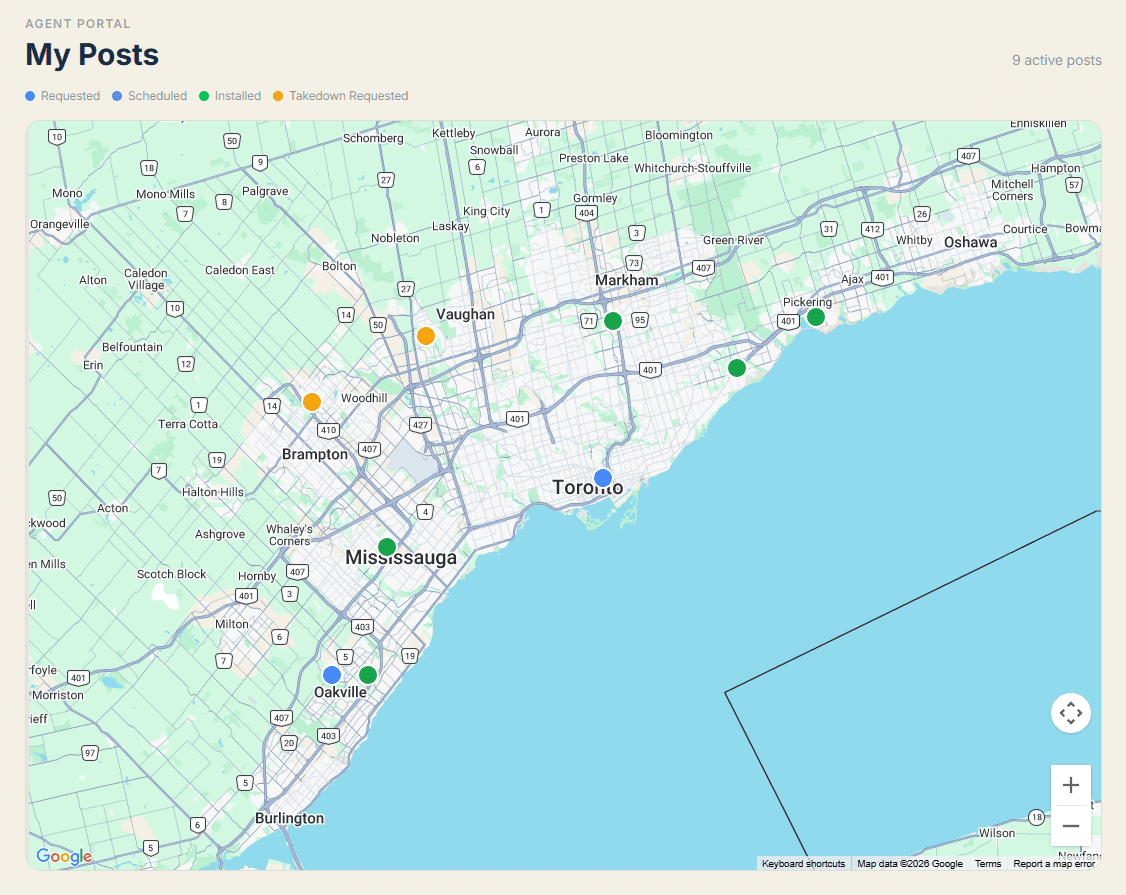 Agent portal map view showing active sign posts across Toronto
